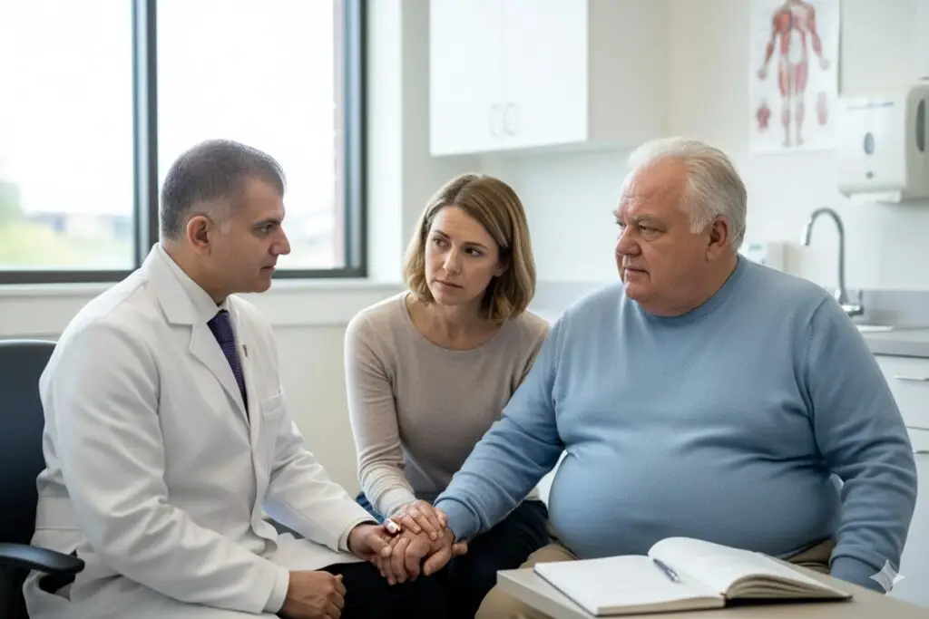 An older concerned man with his father talking to geriatric oncologist